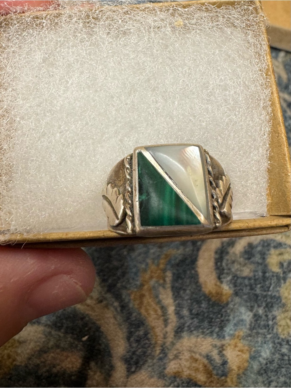 Sterling Silver Men's Inlay Ring with Green Malachite and Mother of Pearl
